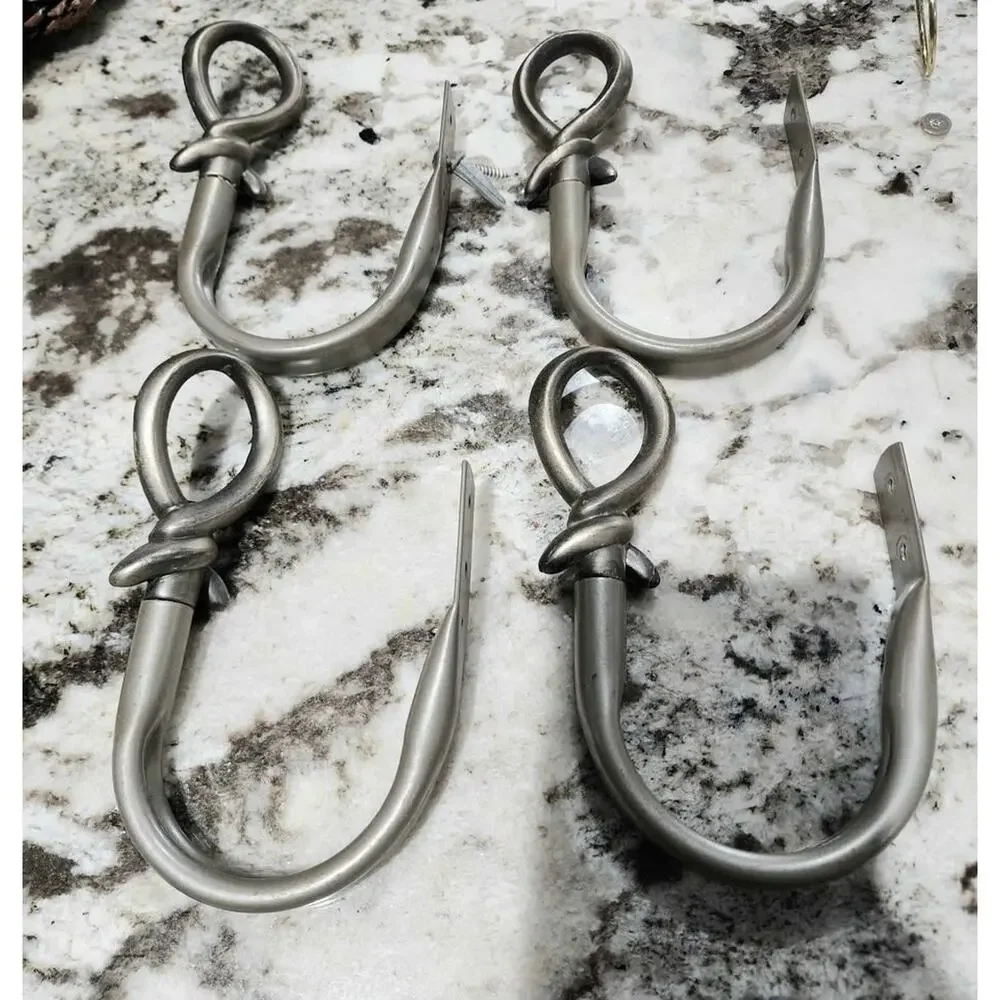 4 Brushed Nickel Curtain Holdbacks Metal Rope Knot Drapery Tieback Hooks.